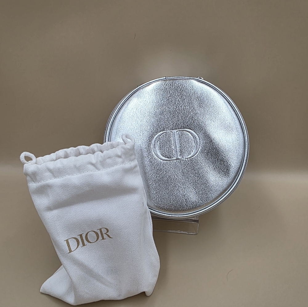 NWT Dior Metallic Silver Cosmetic Pouch With Extra Miss Dior Items And Box